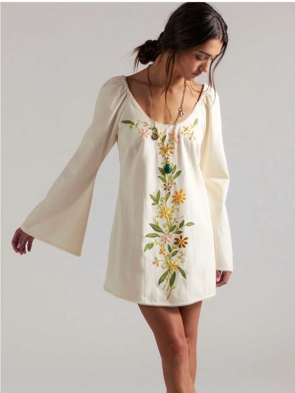 Free People Cream Embroidered Floral Mini Dress